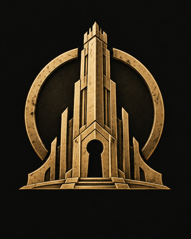 The studio's brass tower mark, with a keyhole door.